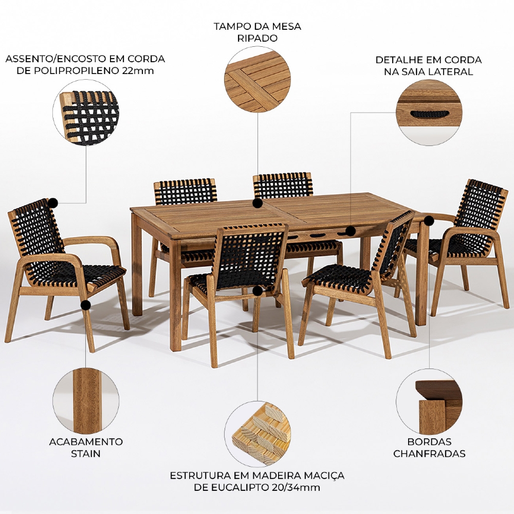 Mesa Madeira 180cm 6 Cadeiras Gourmet Tenza Jatobá/Preta C17 - Mpozenato