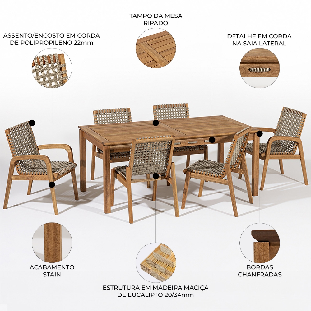 Mesa Madeira 180cm 6 Cadeiras Gourmet Tenza Jatobá/Rami C17 - Mpozenato