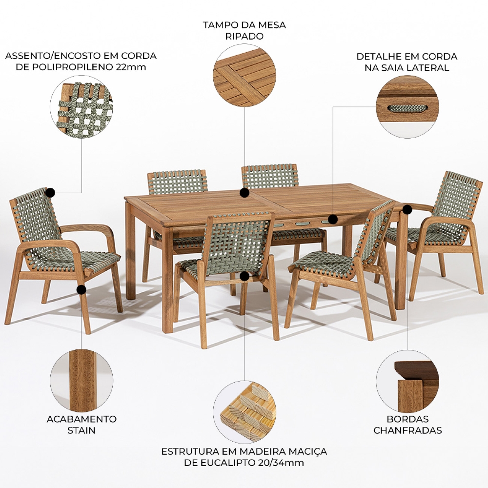 Mesa Madeira 180cm 6 Cadeiras Gourmet Tenza Jatobá/Verde Olivia C17 - Mpozenato