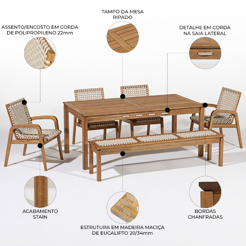 Mesa Madeira 180cm 4 Cadeiras e 1 Banco Gourmet Tenza Jatobá/Areia C17 - Mpozenato