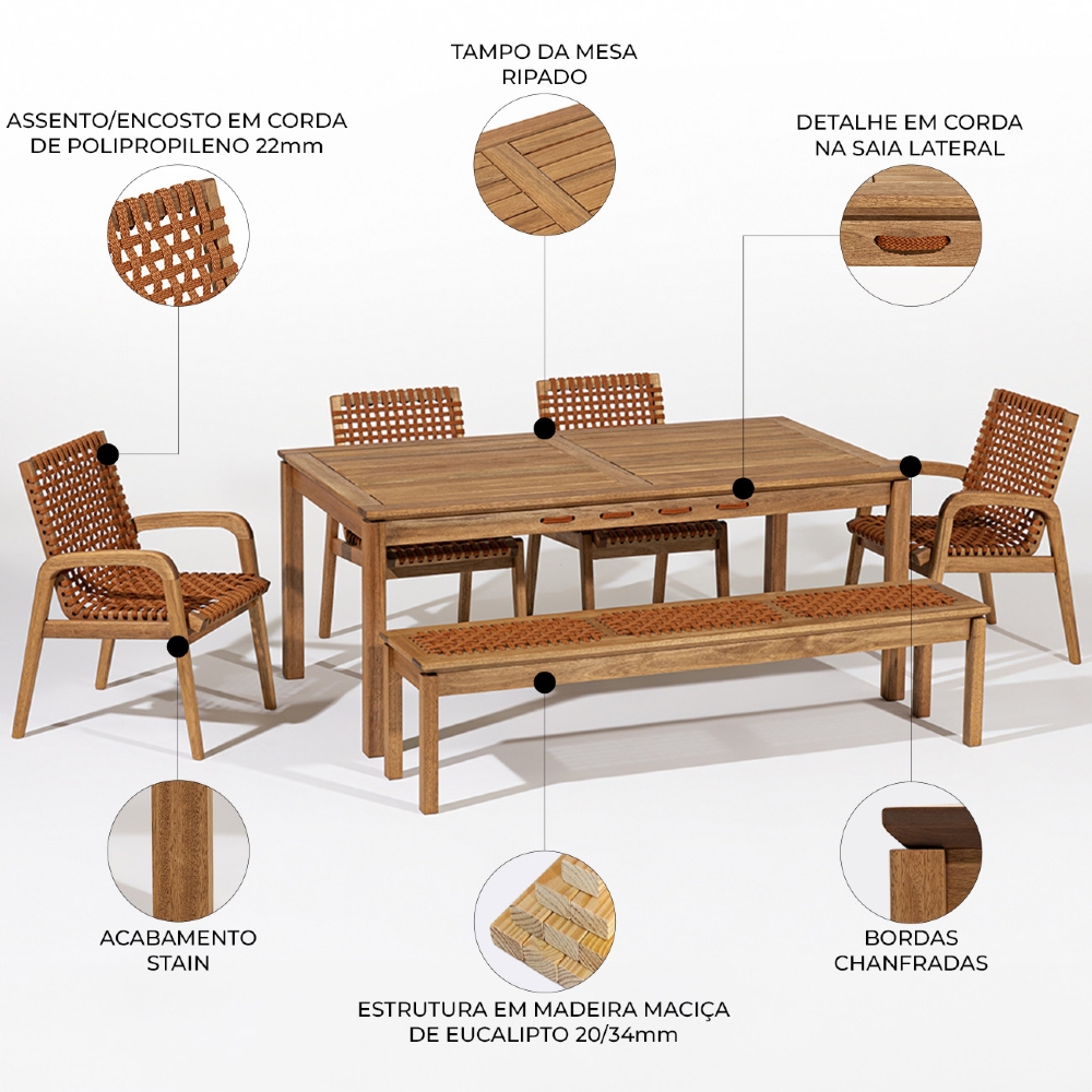 Mesa Madeira 180cm 4 Cadeiras e 1 Banco Gourmet Tenza Jatobá/Ocre C17 - Mpozenato