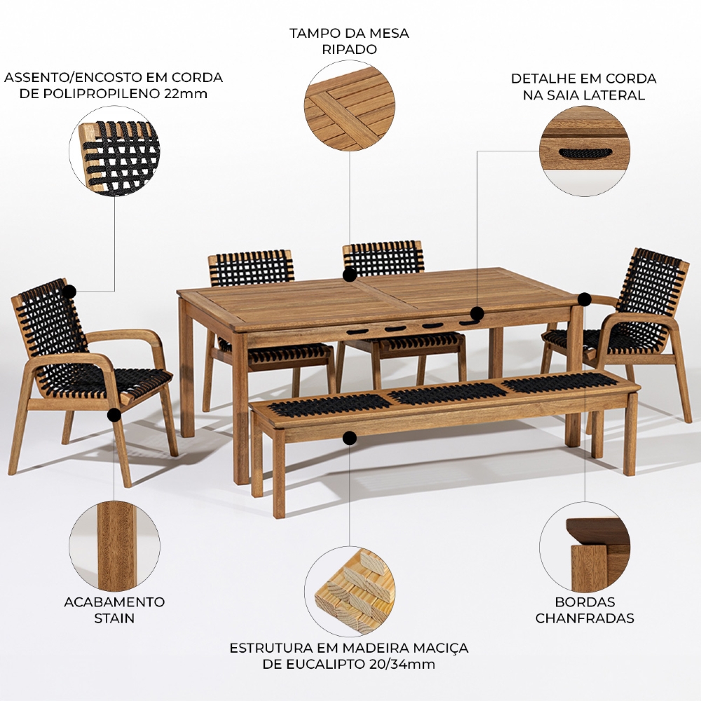 Mesa Madeira 180cm 4 Cadeiras e 1 Banco Gourmet Tenza Jatobá/Preta C17 - Mpozenato
