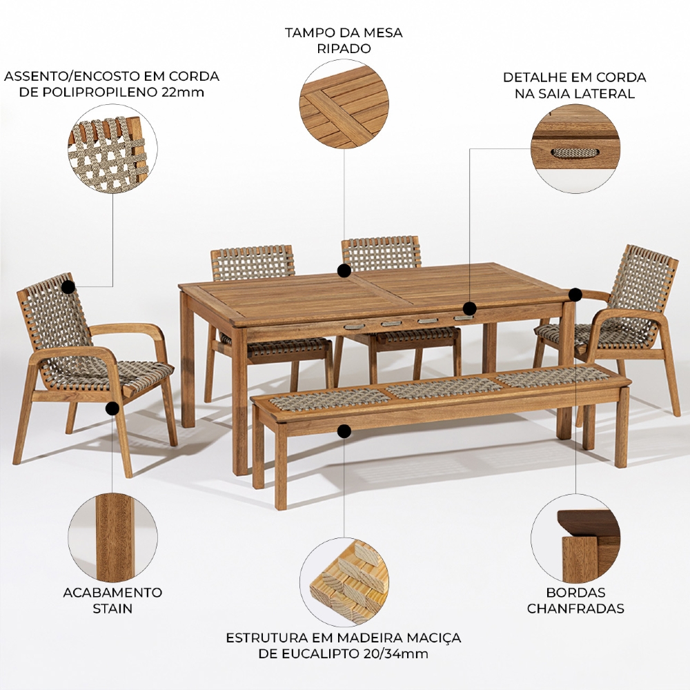 Mesa Madeira 180cm 4 Cadeiras e 1 Banco Gourmet Tenza Jatobá/Rami C17 - Mpozenato