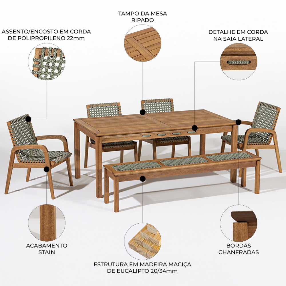 Mesa Madeira 180cm 4 Cadeiras e 1 Banco Gourmet Tenza Jatobá/Verde Olivia C17 - Mpozenato